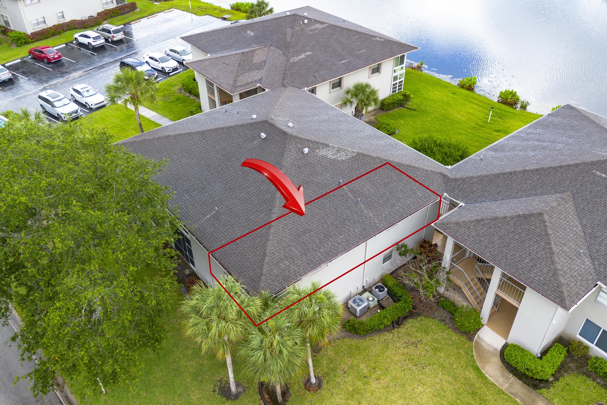 Aerial of the condo building and grounds